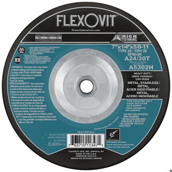 Flexovit HP Heavy Duty Depressed Center Wheel, 7 in Dia x 1/4 in THK, A24T Grit, Aluminum Oxide Abrasive A5302H - main